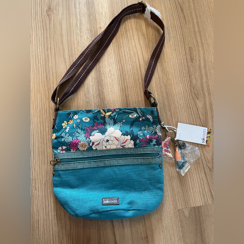 Sakroots Artist Circle Elsa Small Hobo Crossbody Bag in Flower Power Teal